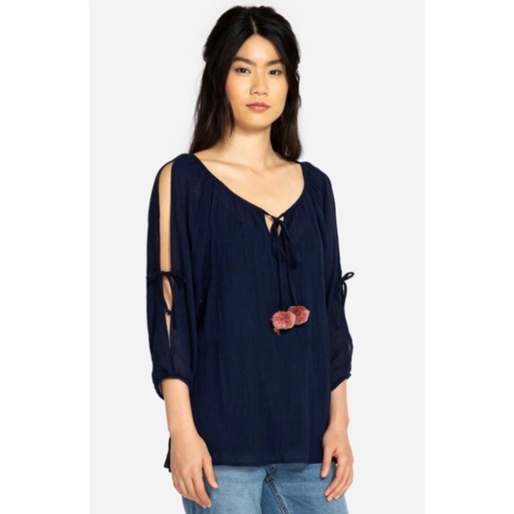 Johnny Was Calme Navy Blue Cold-Shoulder Boho Peasant Blouse with Pom-Pom Tie S